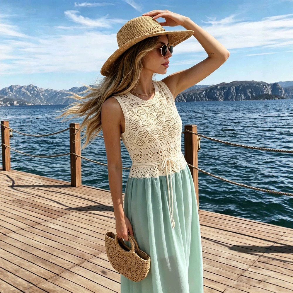 Zara Crochet Chiffon Patchwork Bikini Beach Cover Up Dress